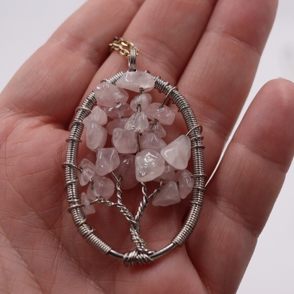 Tree of Life Pink Stone Pendant Necklace Handmade Bohemian Beaded Jewelry - Picture 3 of 4
